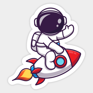 Cute Astronaut Riding Rocket And Waving Hand Cartoon Sticker